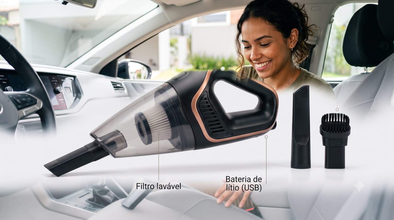 Como funciona o aspirador portátil sem fio: motor de sucção, bateria de lítio recarregável por USB, filtro lavável e bicos para frestas e estofados