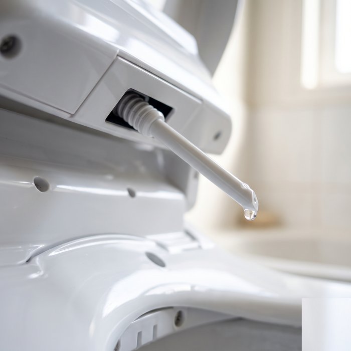 Detalhe do bico retrátil estendido de um assento sanitário eletrônico