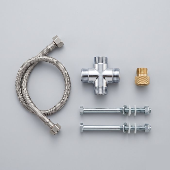 Kit de instalação com conexão em T, mangueira flexível e parafusos