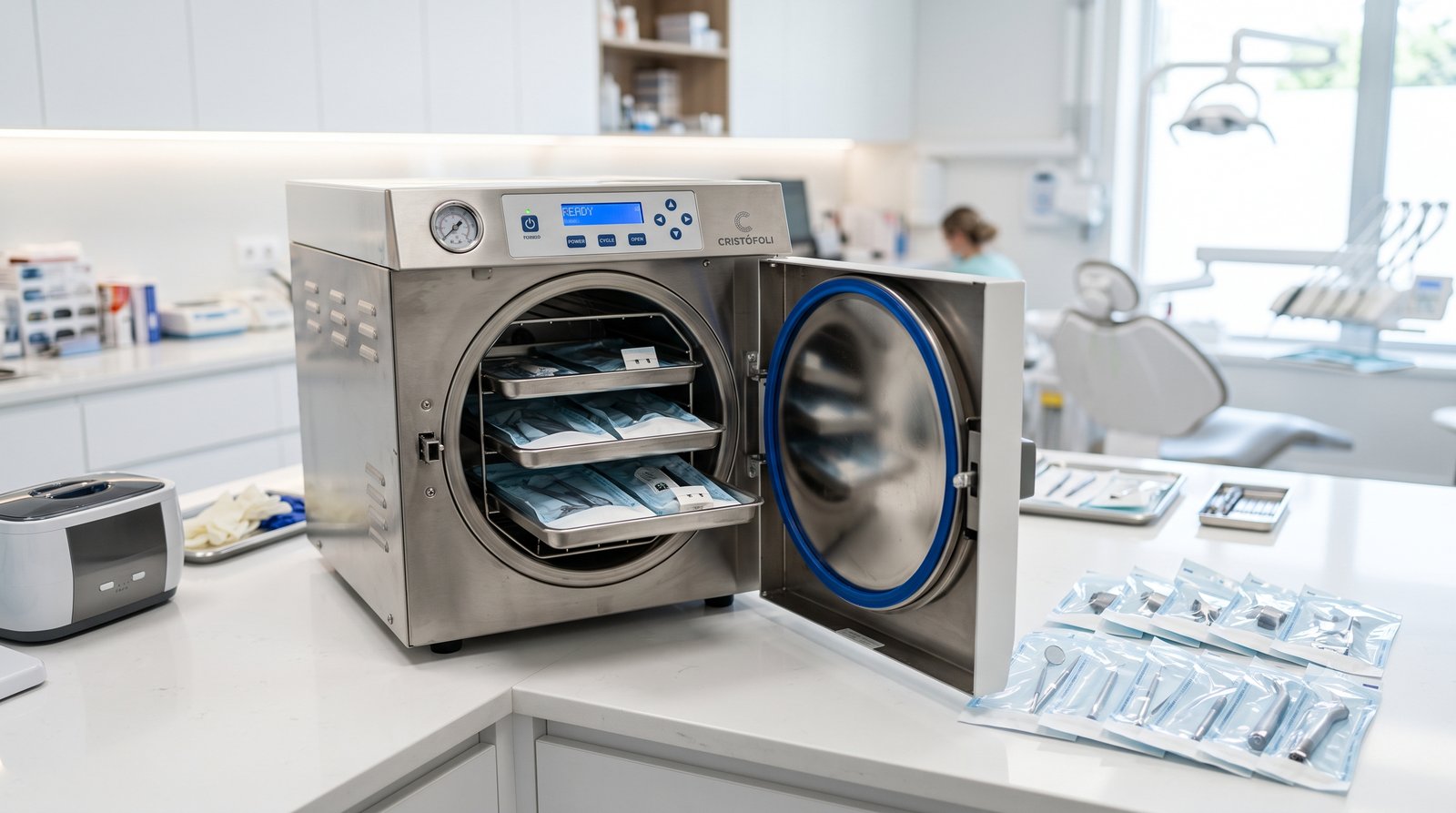 Autoclave de esterilização de bancada aberta em uma clínica, com instrumentos ensacados sendo esterilizados
