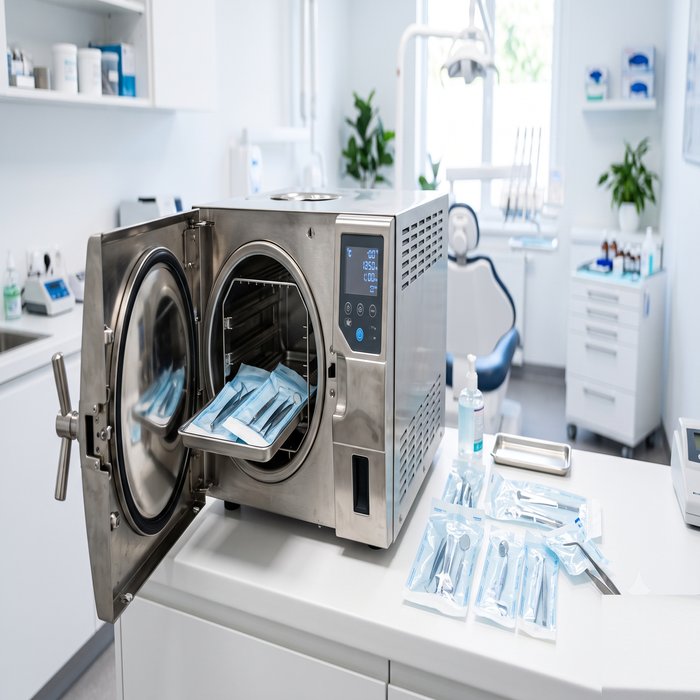 Autoclave odontológica de bancada com display digital e câmara de aço inox