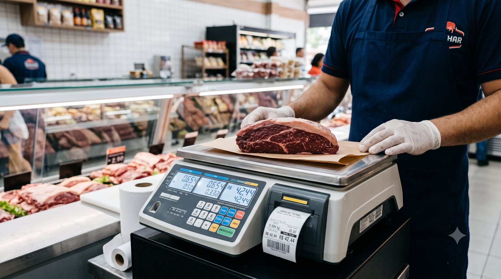 Balança comercial etiquetadora pesando e precificando um produto num açougue