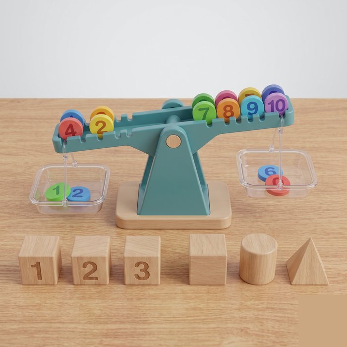 Balança de matemática infantil com pesos numerados e blocos de números para aprender a somar
