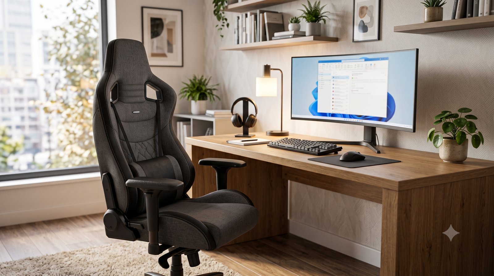 Cadeira gamer e cadeira de escritório num setup de home office moderno