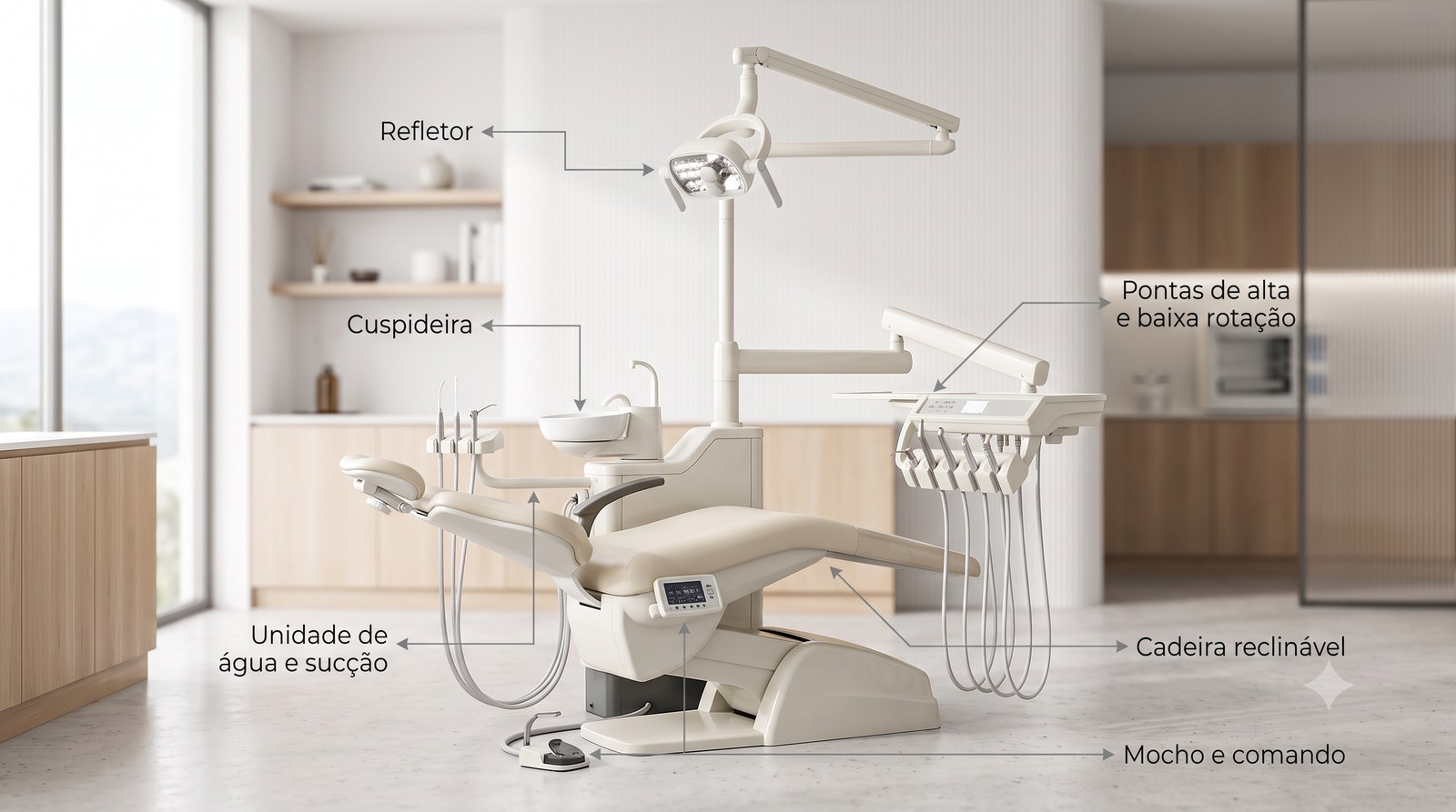 Como funciona o equipo odontológico: cadeira reclinável, refletor, cuspideira, unidade de água e sucção, braço de pontas de alta e baixa rotação e comando