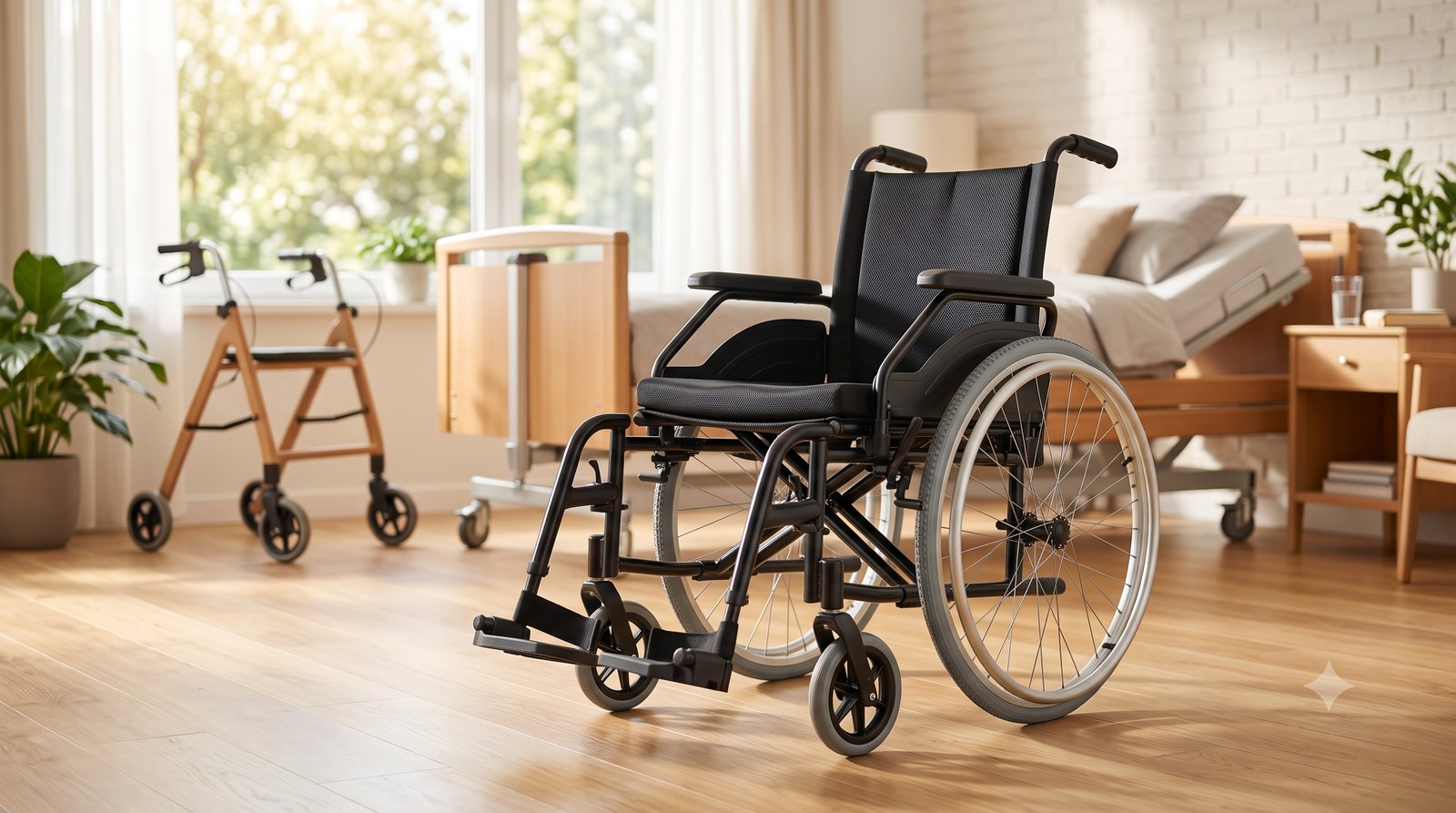 Cadeira de rodas dobrável moderna ao lado de itens de mobilidade e home care num ambiente claro