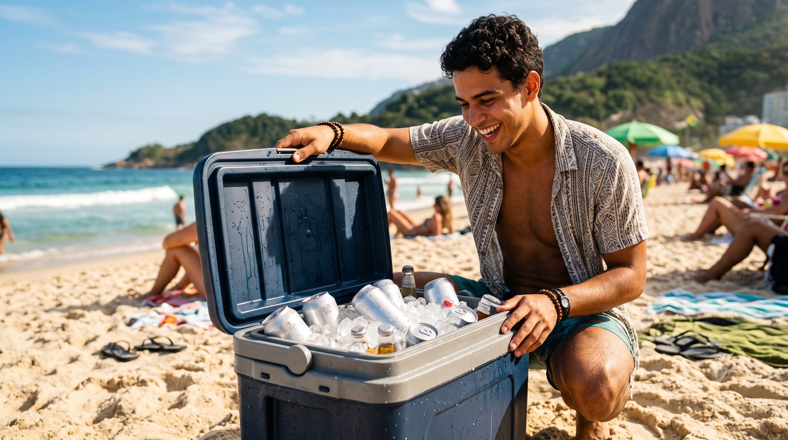 Pessoa abrindo uma caixa térmica cheia de gelo e bebidas na praia