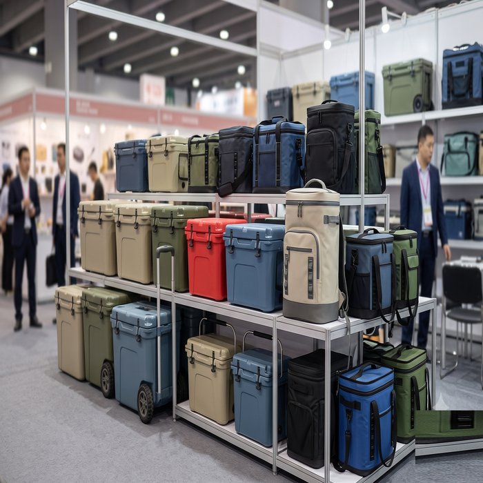 Vários modelos de caixa térmica e bolsa térmica enfileirados num expositor de feira