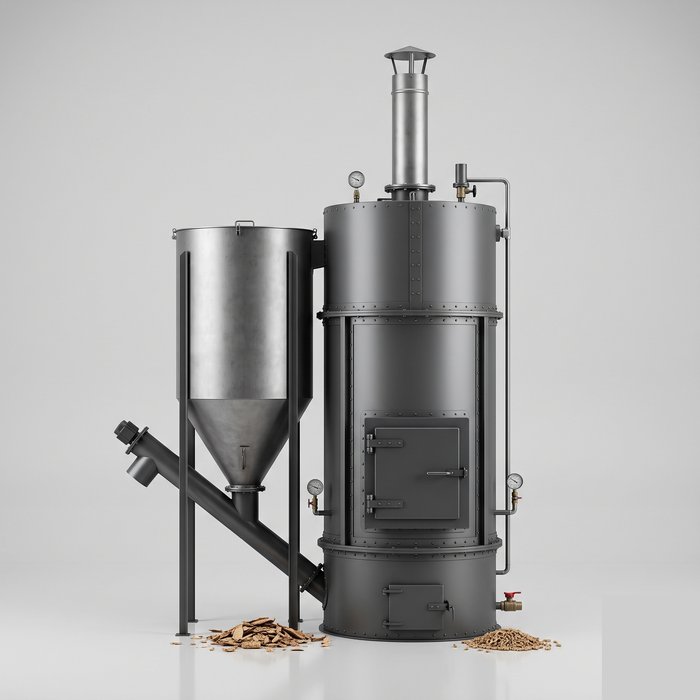 Caldeira vertical a biomassa com silo de alimentação lateral