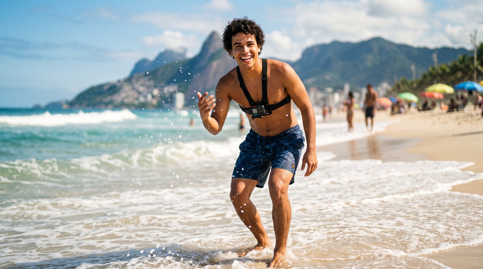 Câmera de ação compacta presa ao peito de um jovem prestes a entrar no mar