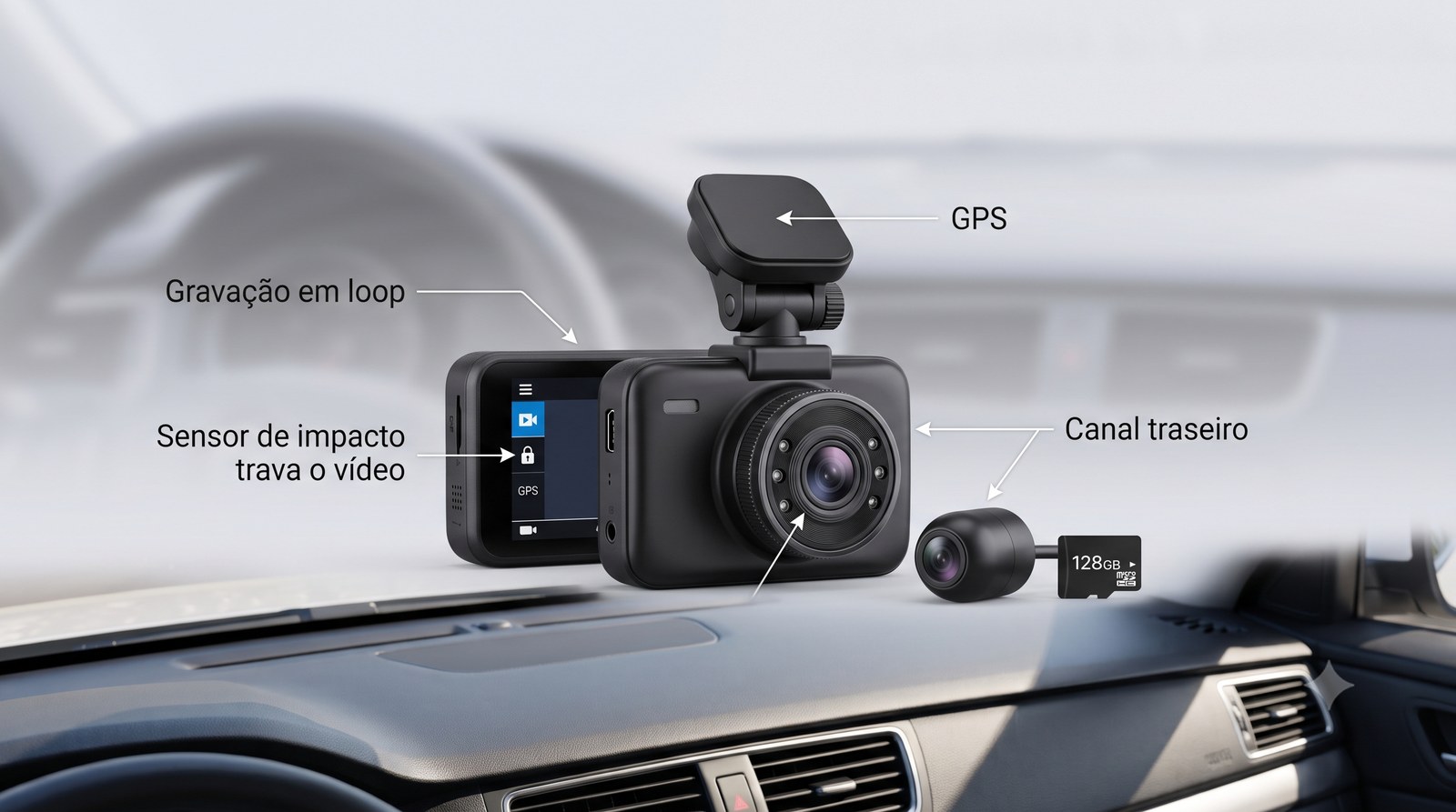 Como funciona a câmera veicular: gravação em loop, sensor de impacto que trava o vídeo, visão noturna, GPS e canal traseiro