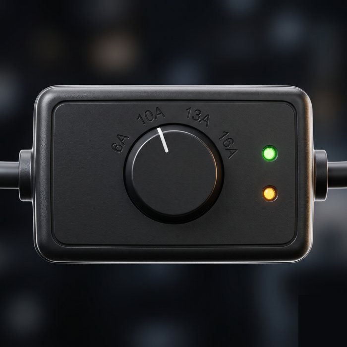 Cargador portátil de auto eléctrico guardado dentro de un estuche rígido de transporte, con el cable enrollado
