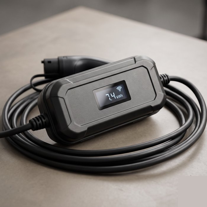 Cargador portátil de auto eléctrico con pantalla digital e ícono de Wi-Fi en la caja de control