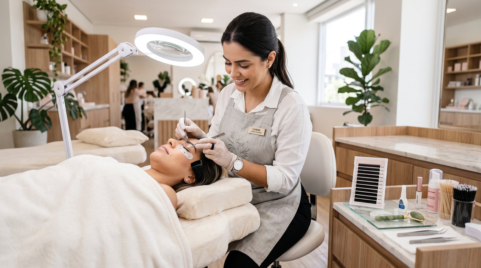Lash designer aplicando extensão de cílios numa cliente em salão de beleza
