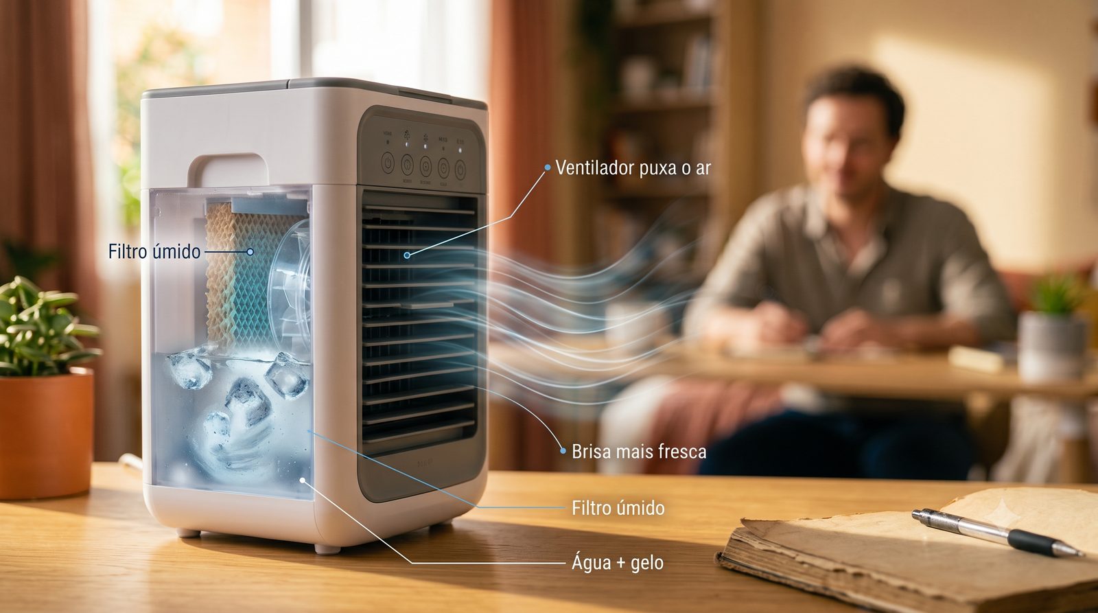 Como funciona o climatizador: água e gelo resfriam o ar que o ventilador sopra
