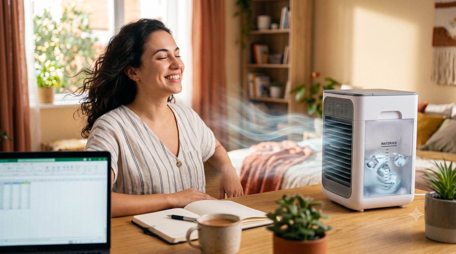 Climatizador de ar portátil sobre a mesa refrescando uma pessoa no calor