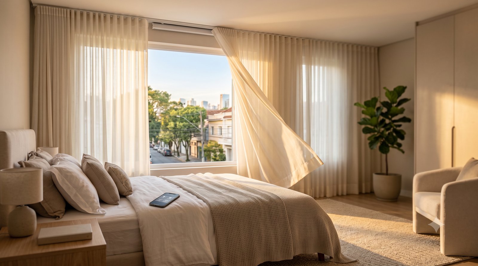Cortina automática abrindo sozinha num quarto ao amanhecer, com a luz entrando