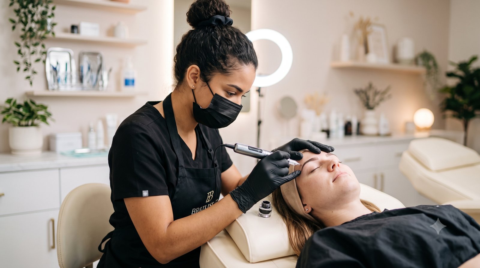Profissional de micropigmentação usando um dermógrafo digital na sobrancelha de uma cliente, em estúdio claro