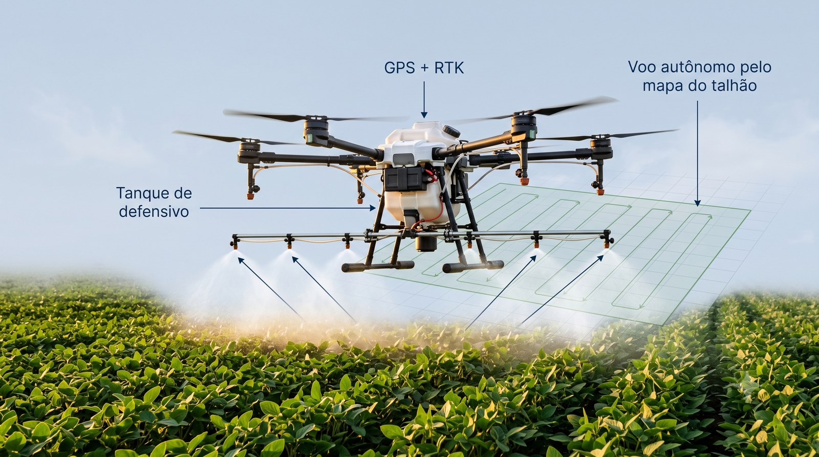 Como funciona o drone agrícola: mapa do talhão, tanque de defensivo, bicos de pulverização, GPS e RTK e voo autônomo