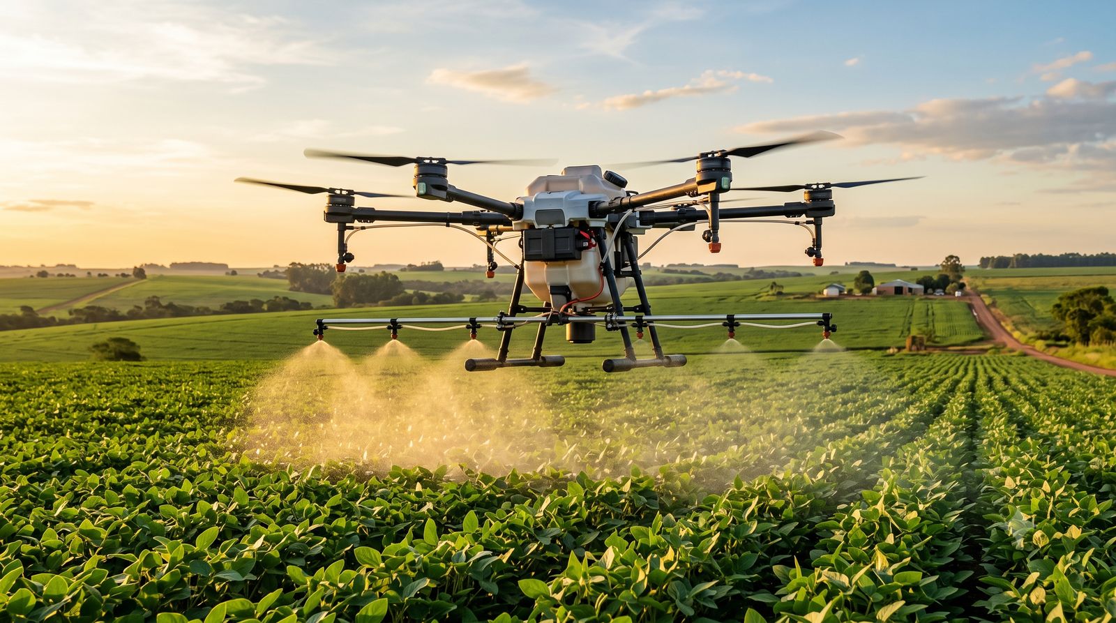 Drone agrícola de pulverização voando baixo sobre uma lavoura, liberando névoa de aplicação
