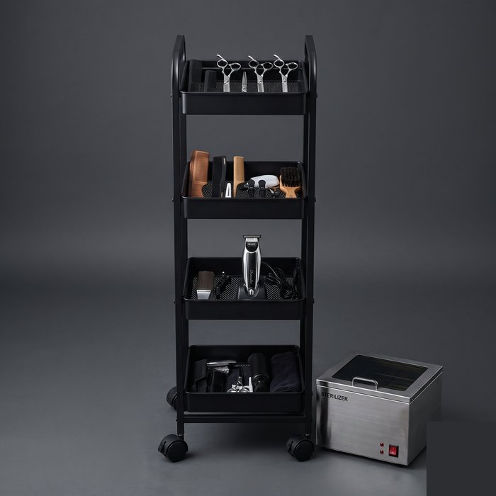 Trolley with trays and a steriliser for cutting tools