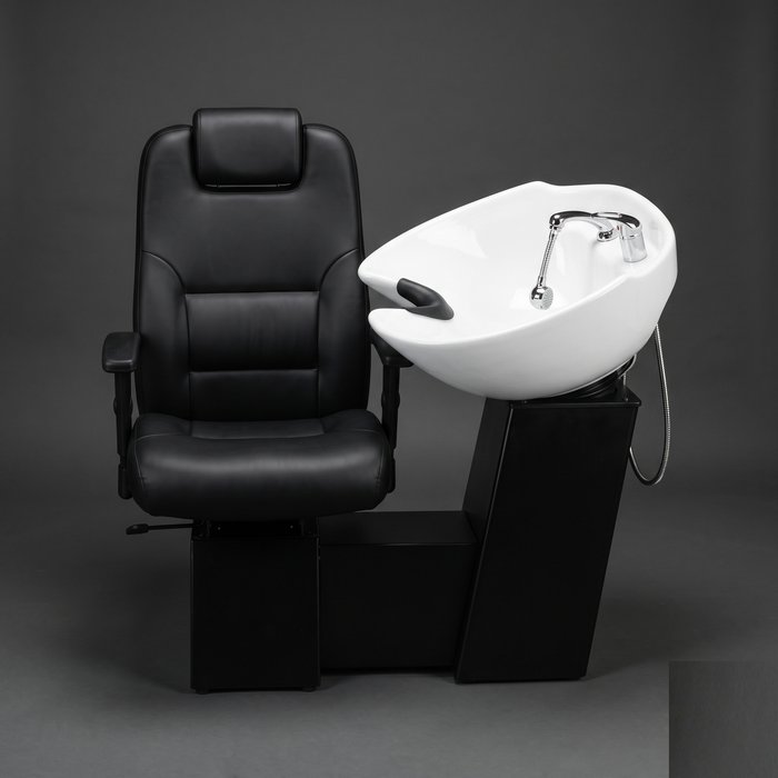 Hair backwash basin with tilting bowl and padded backrest