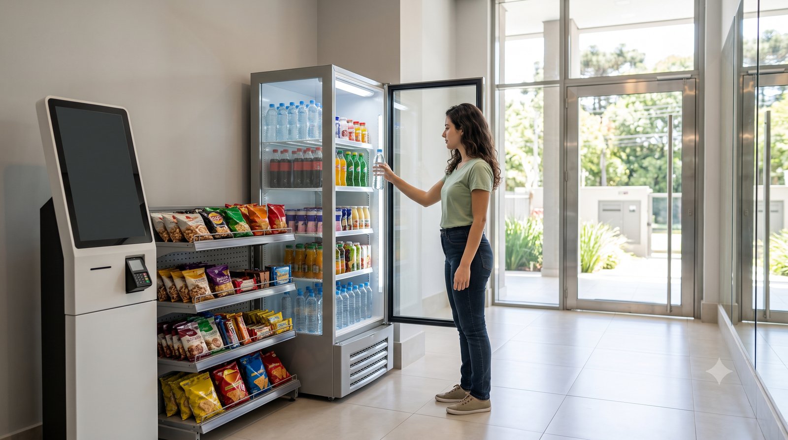 Mercado autônomo instalado no hall de um condomínio, com expositor refrigerado, prateleiras e totem de autoatendimento