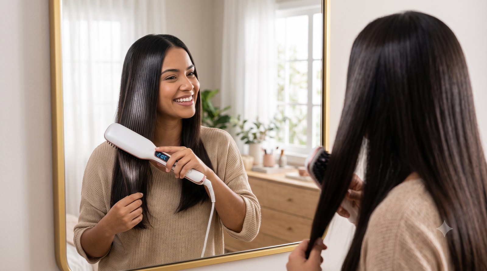 Escova alisadora elétrica alisando uma mecha de cabelo, com visor de temperatura