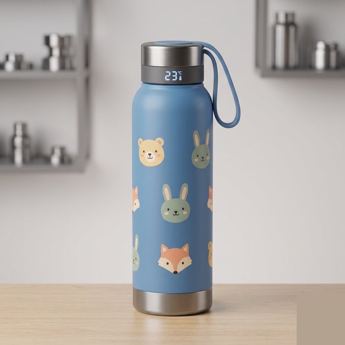 Garrafa térmica infantil colorida com display e alça, tema lúdico