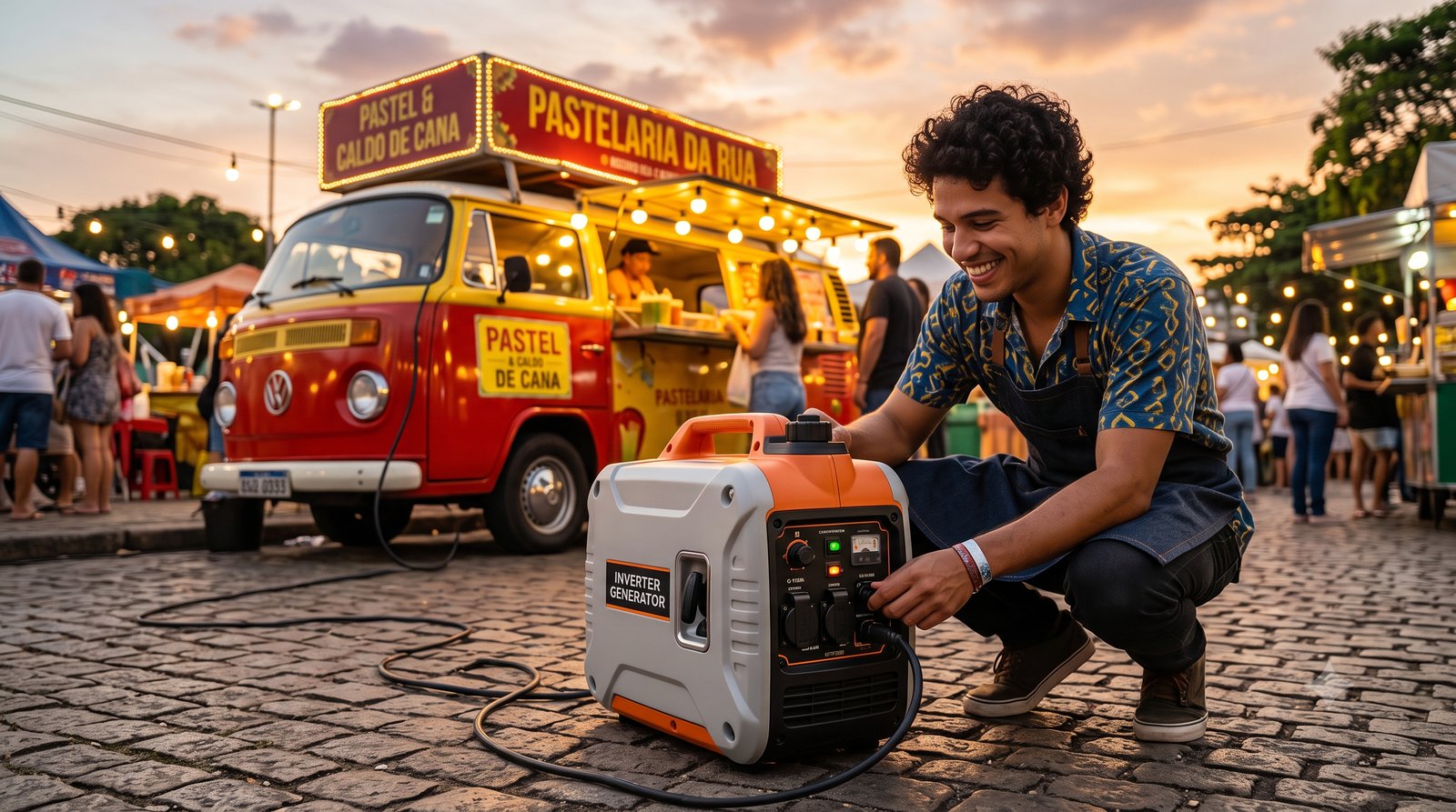 Gerador inverter a gasolina portátil ligado ao lado de um food truck ao entardecer