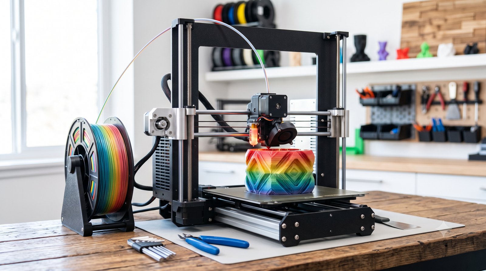 Impressora 3D de mesa imprimindo um objeto colorido camada por camada