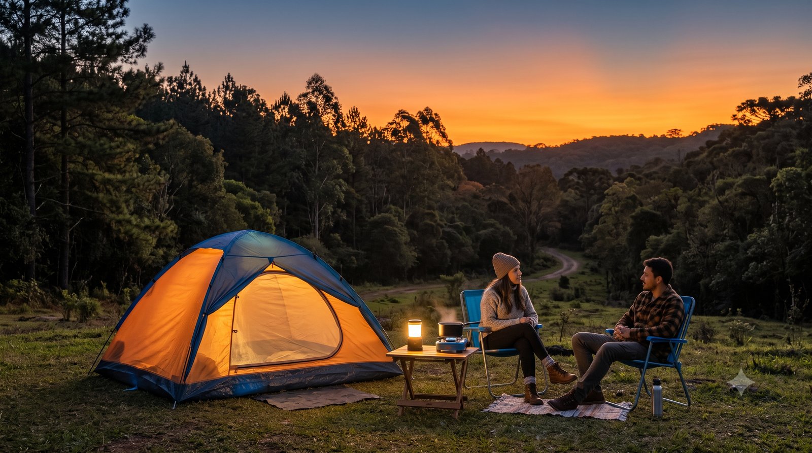 Acampamento montado ao anoitecer, com barraca iluminada, cadeiras dobráveis e lanterna sobre a mesa