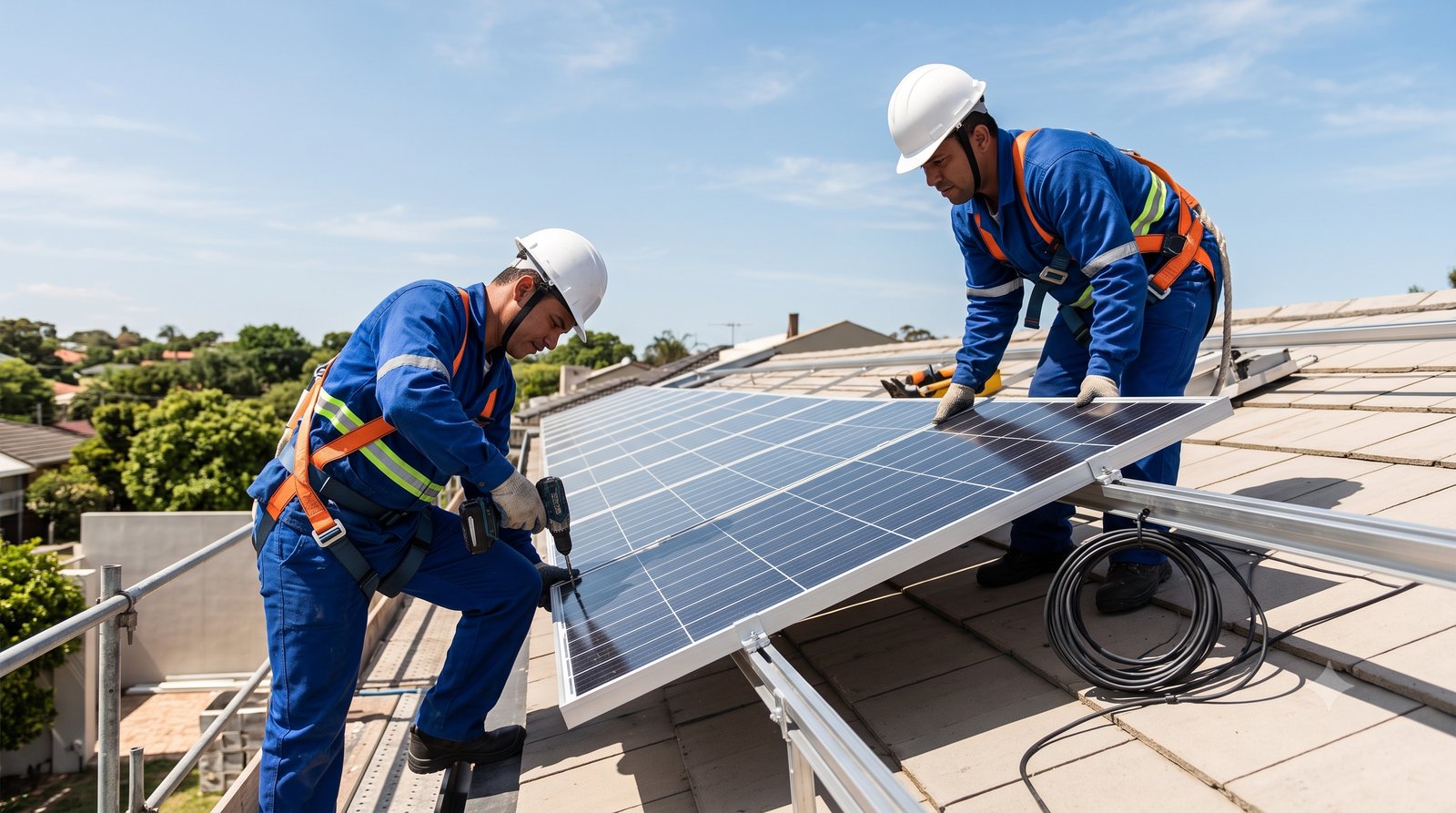 Instalação de painéis solares fotovoltaicos num telhado sob o sol