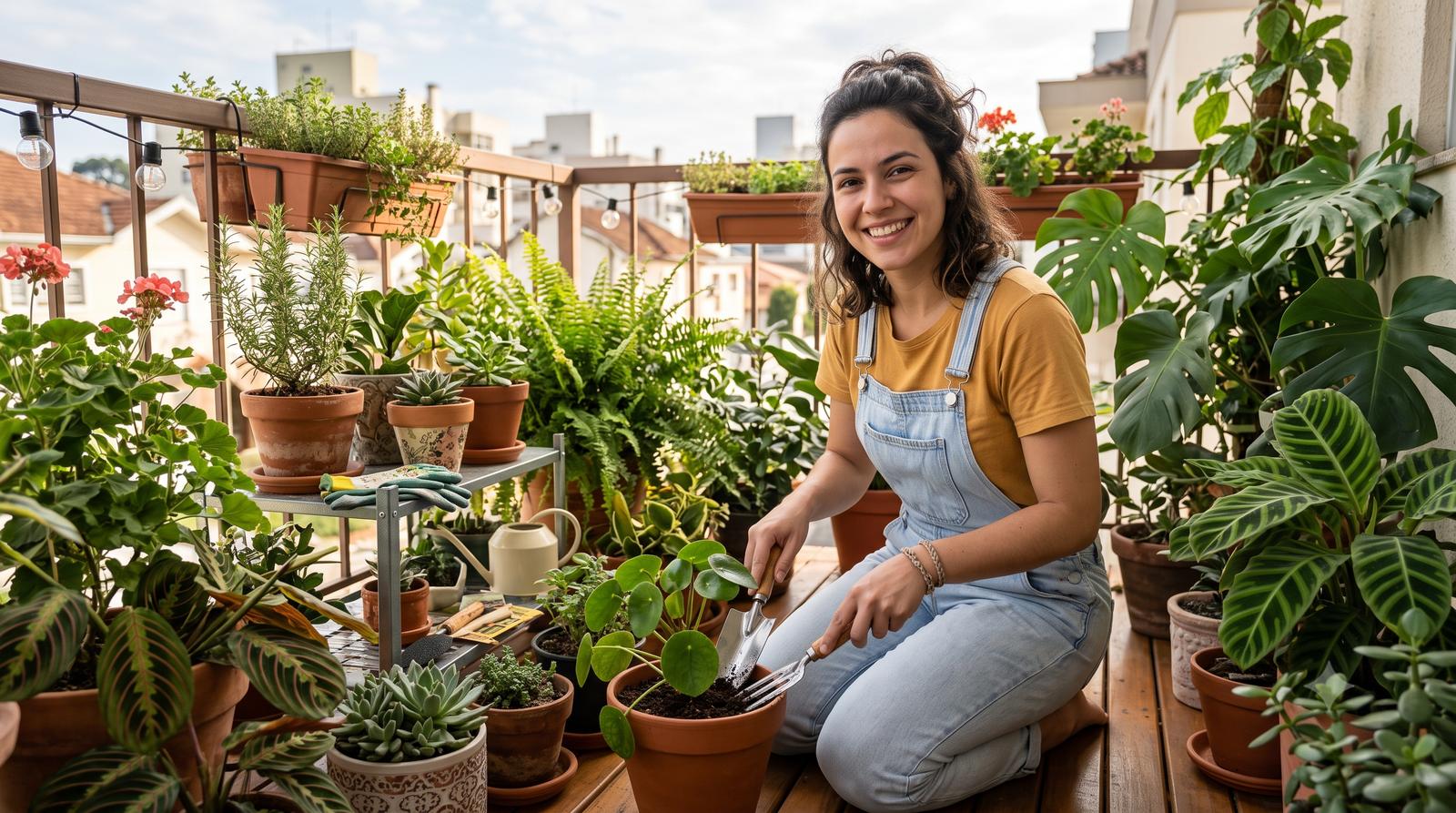 Pessoa cuidando de plantas numa varanda cheia de vasos, com kit de ferramentas de jardinagem