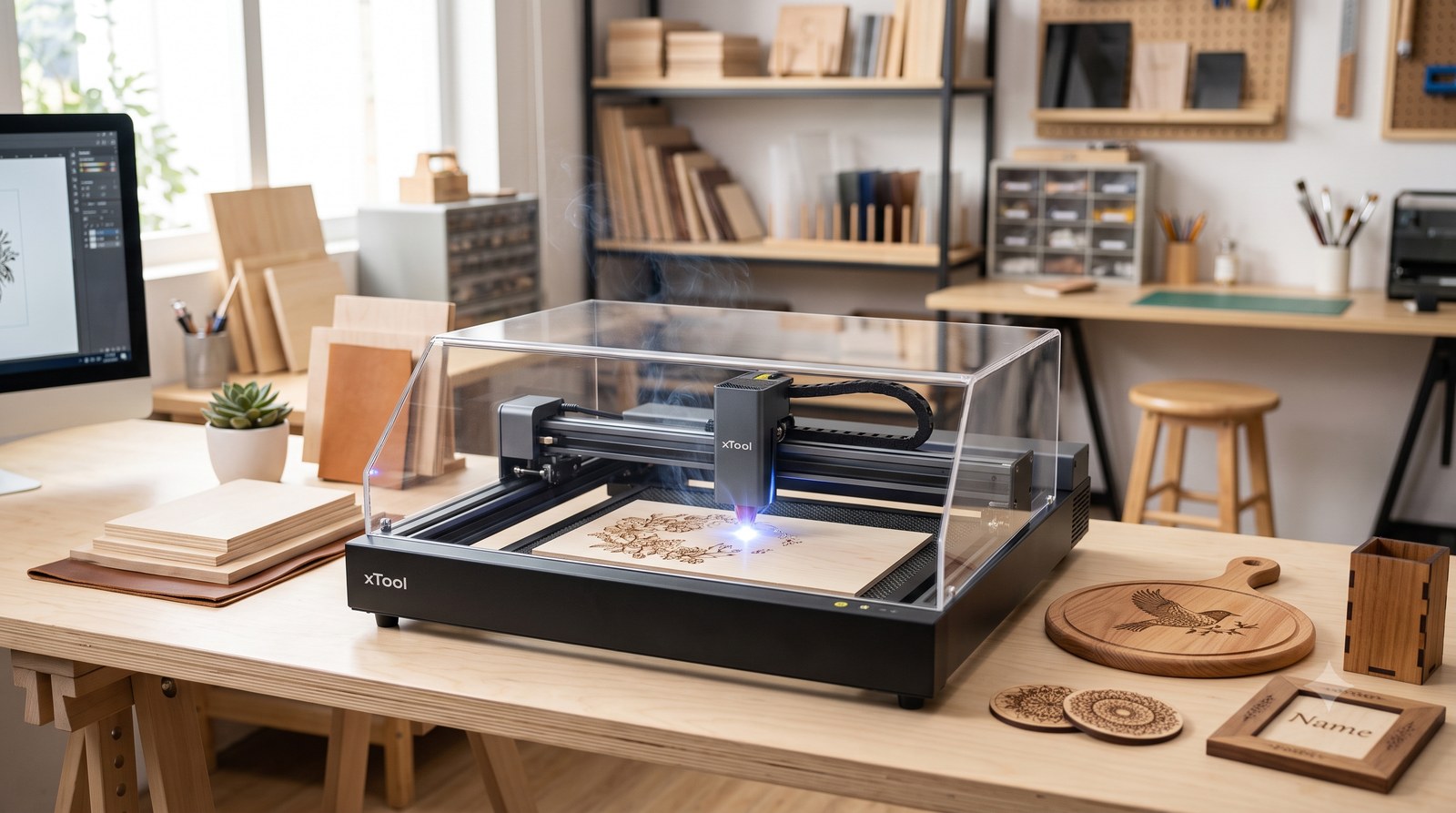 Gravadora a laser CNC de mesa gravando um desenho numa placa de madeira, com o feixe aceso