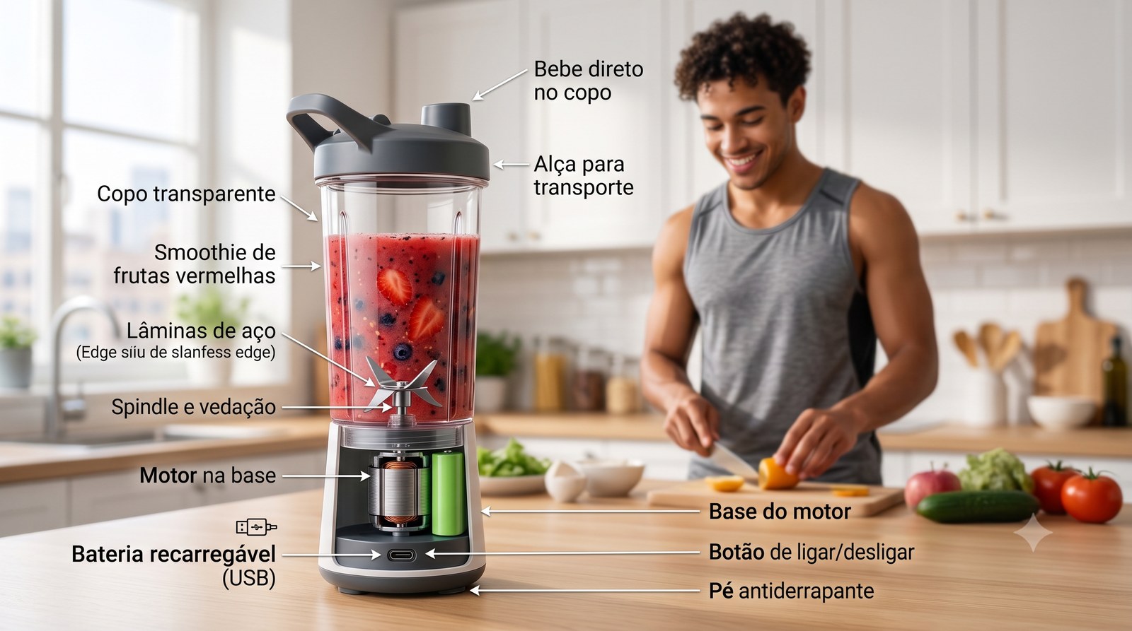 Como funciona o liquidificador portátil: motor na base gira as lâminas até triturar a fruta