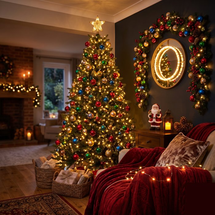 Árvore de Natal, guirlanda e enfeites decorativos iluminados
