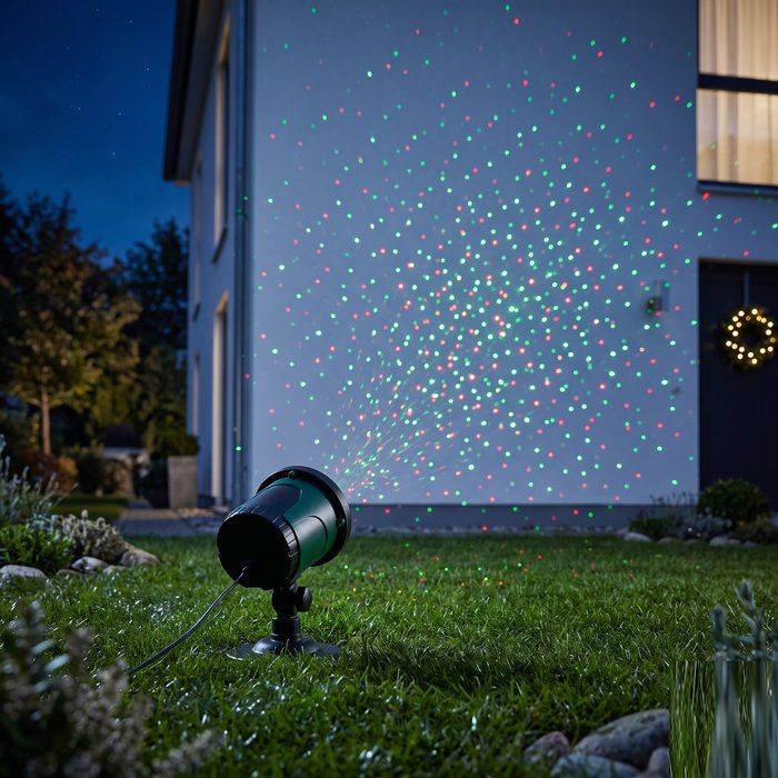 Projetor de laser natalino iluminando uma fachada com pontos de luz