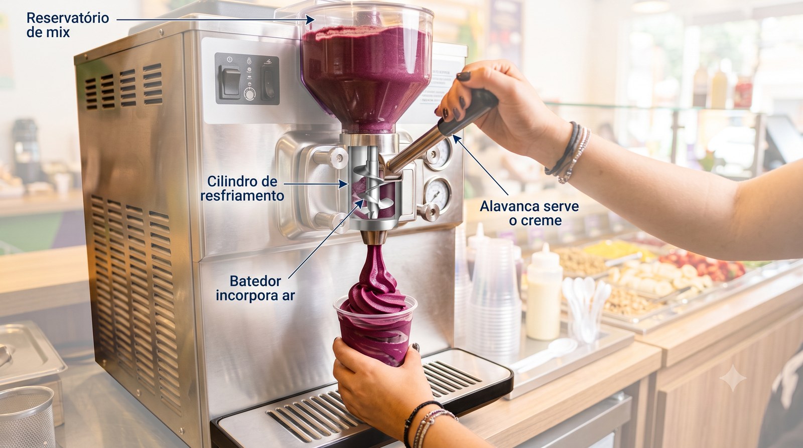 Como funciona a máquina de sorvete expresso: reservatório de mix, cilindro de resfriamento, batedor e alavanca de servir