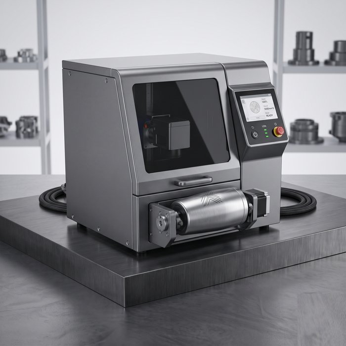 Marcadora a laser de fibra com eixo rotativo gravando um copo de inox tipo tumbler