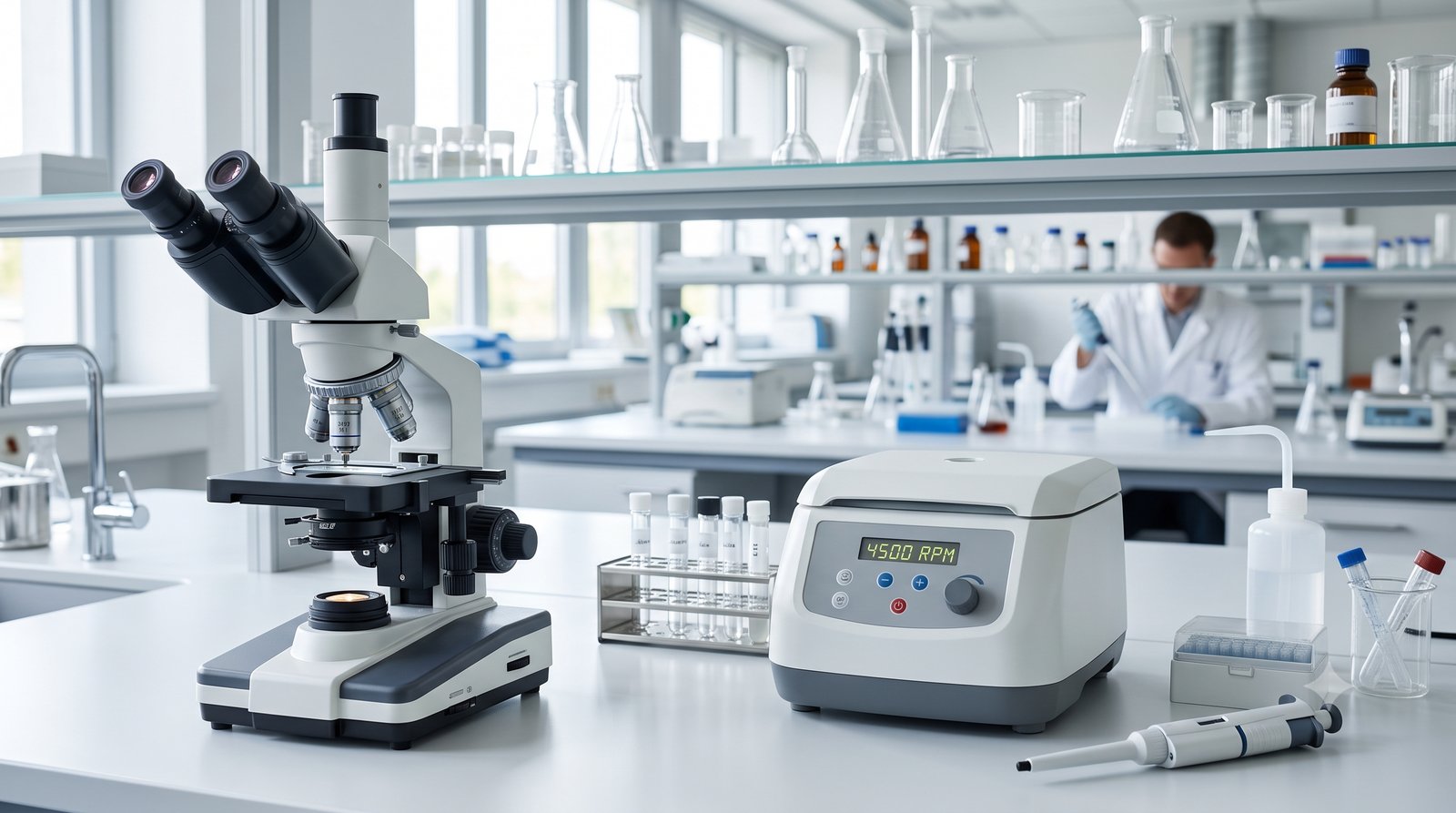 Bancada de laboratório com microscópio e centrífuga, num laboratório moderno e limpo