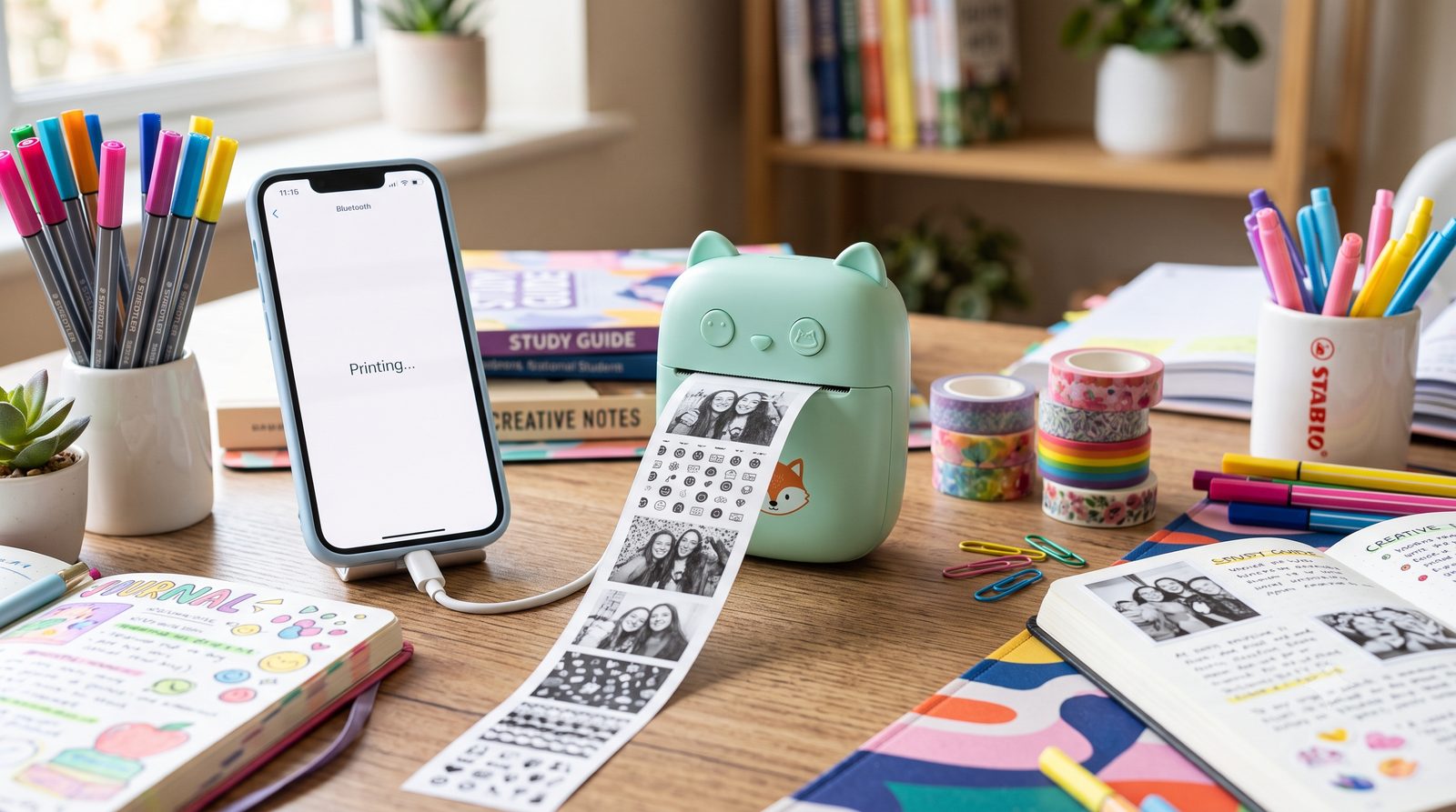 Mini impressora térmica imprimindo um adesivo, ao lado do celular