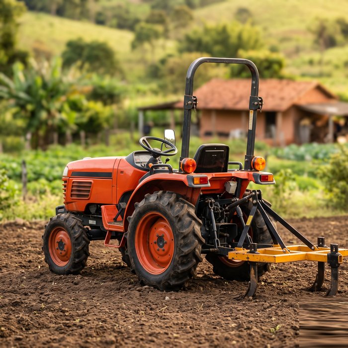 Mini trator compacto de quatro rodas com assento e engate para implementos