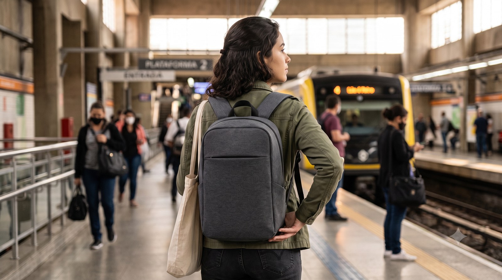 Pessoa de costas usando uma mochila antifurto urbana numa estação movimentada, com os zíperes voltados para o corpo