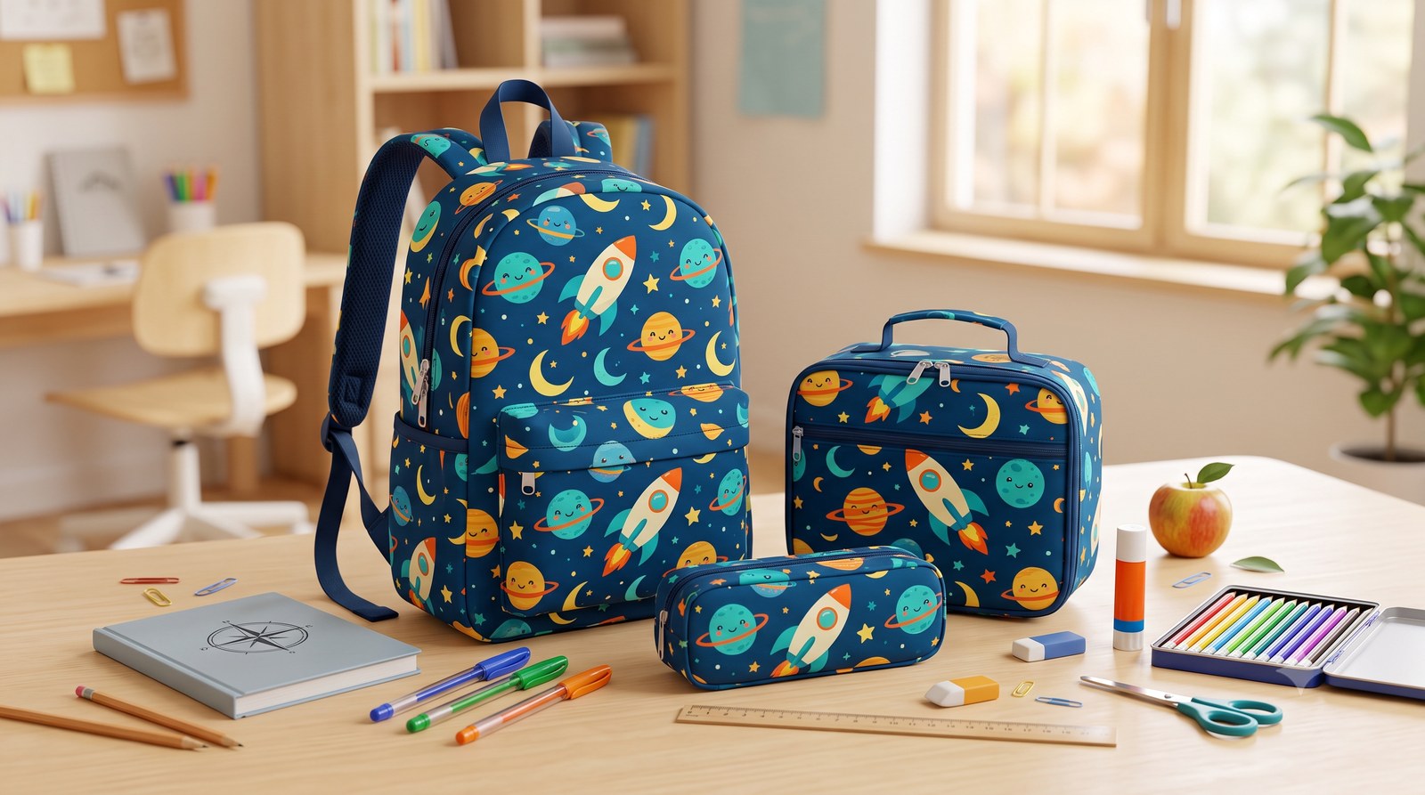 Kit escolar coordenado com mochila, lancheira térmica e estojo coloridos sobre uma mesa