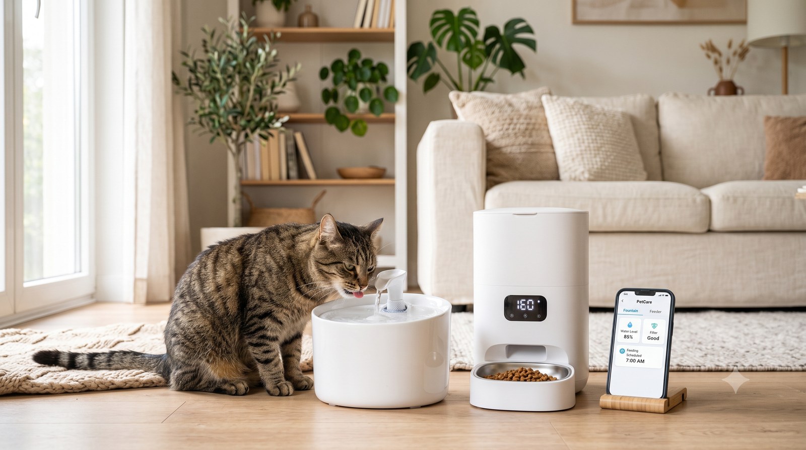 Gato bebendo de uma fonte de água automática ao lado de um comedouro inteligente numa sala moderna