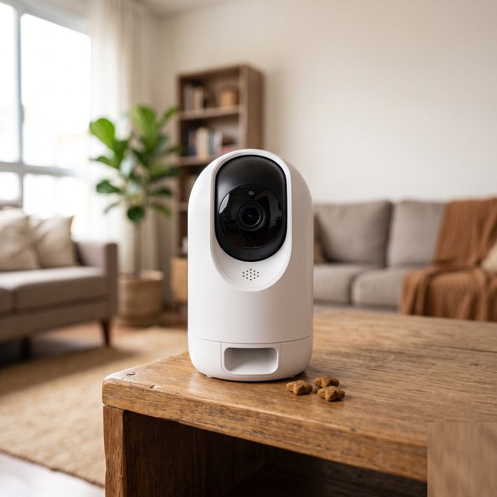 Câmera pet com petisqueira numa sala de estar