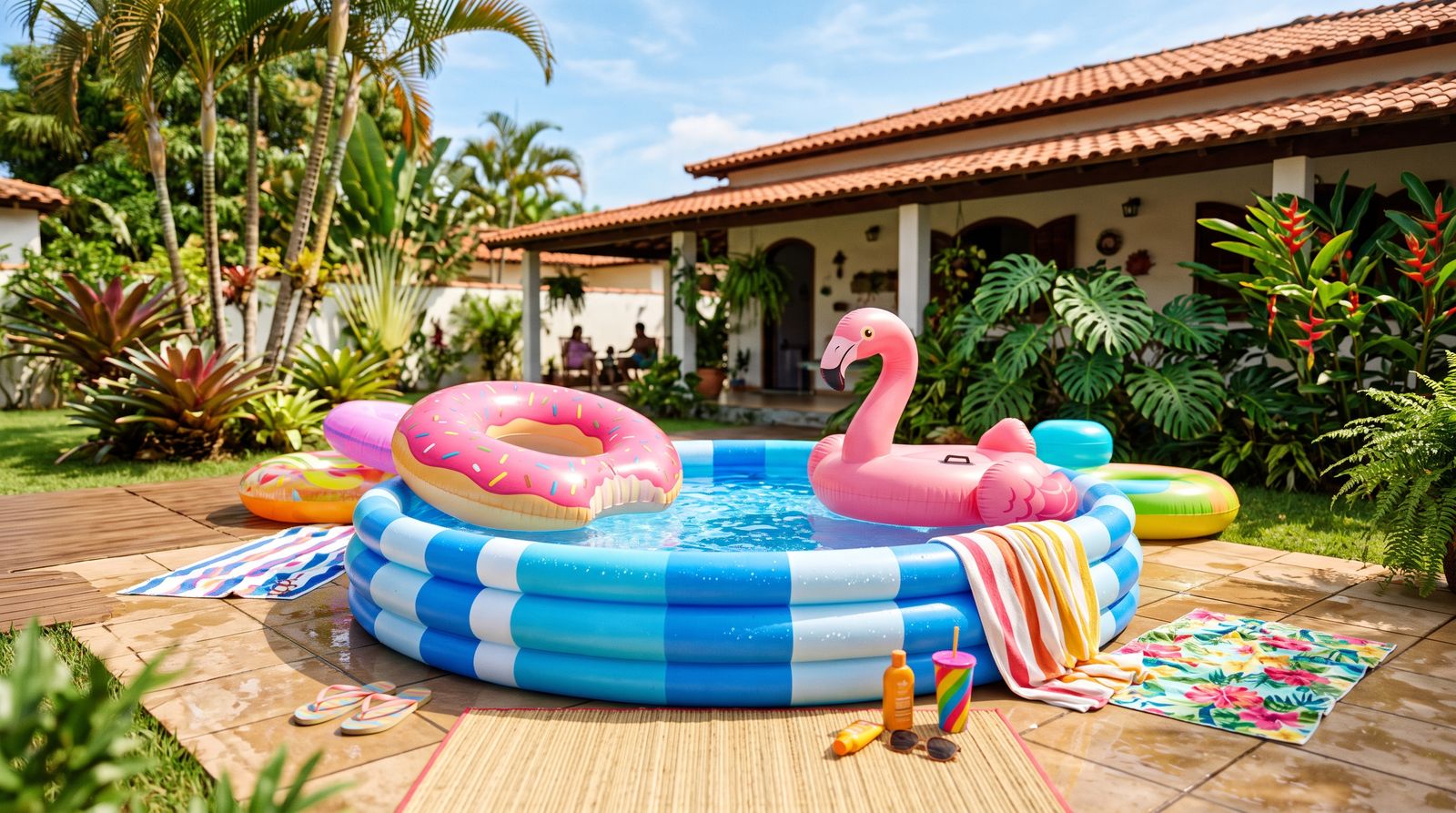 Piscina inflável no quintal com boias gigantes coloridas num dia de sol