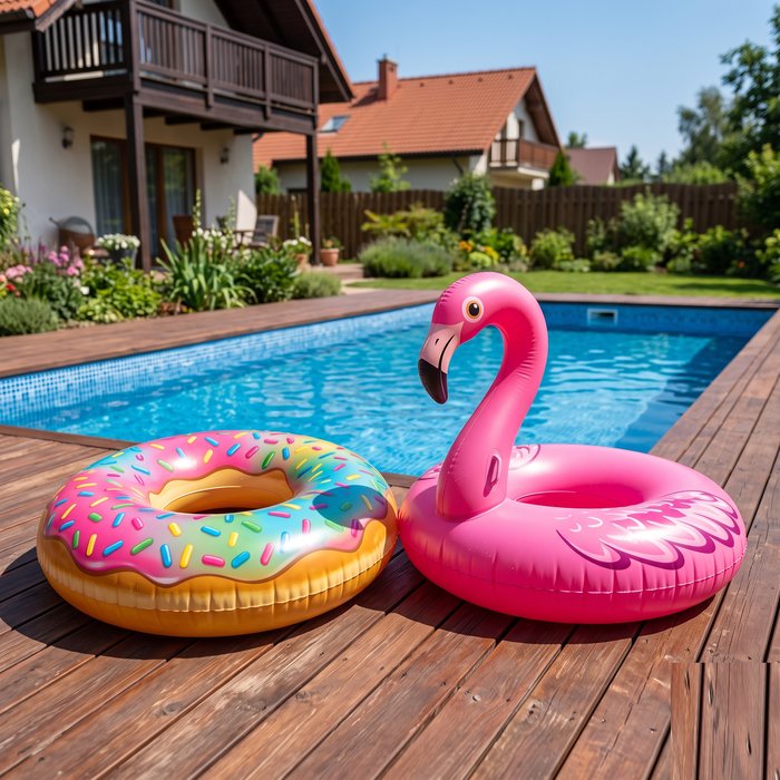 Boias e flutuadores gigantes em formatos divertidos, como donut e flamingo