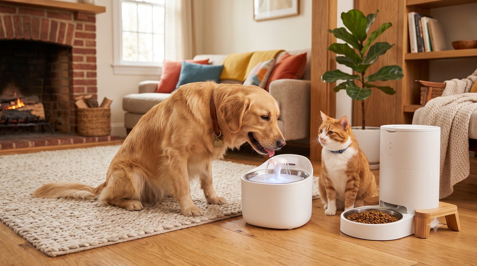 Cão e gato com produtos pet importados, fonte de água e comedouro